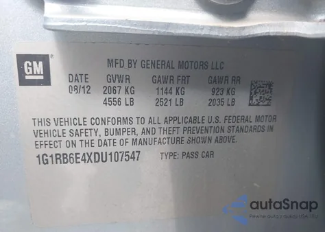 2013 Chevrolet Volt z USA, uszkodzony, nr VIN 1G1RB6E4XDU107547